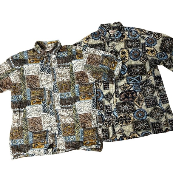 2‎ Vintage 90's Go Barefoot Hawaiian Shirts Aztec Tropical Print Large USA Made - Picture 1 of 7